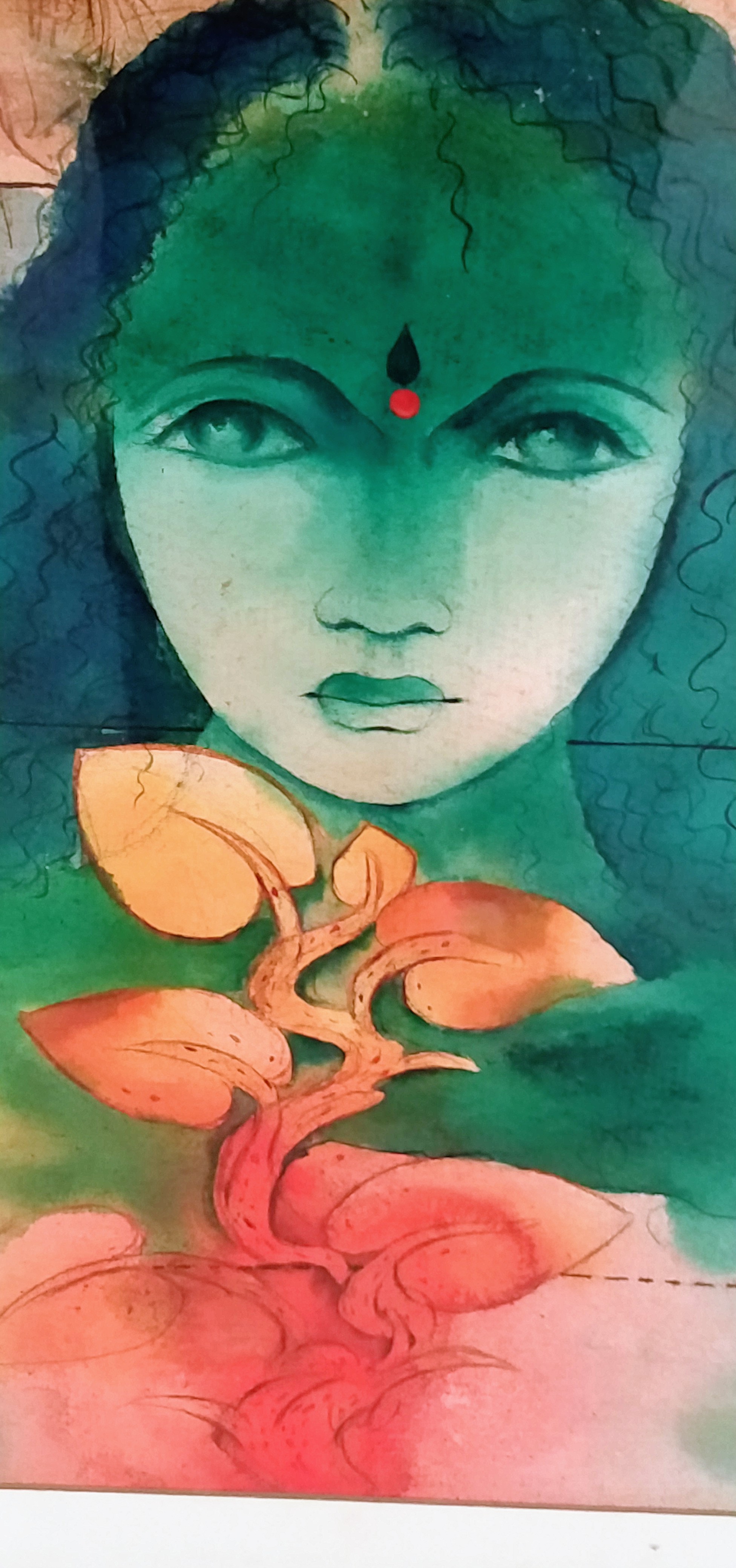An abstract painting of a young Indian girl and an ivy plant in front of her