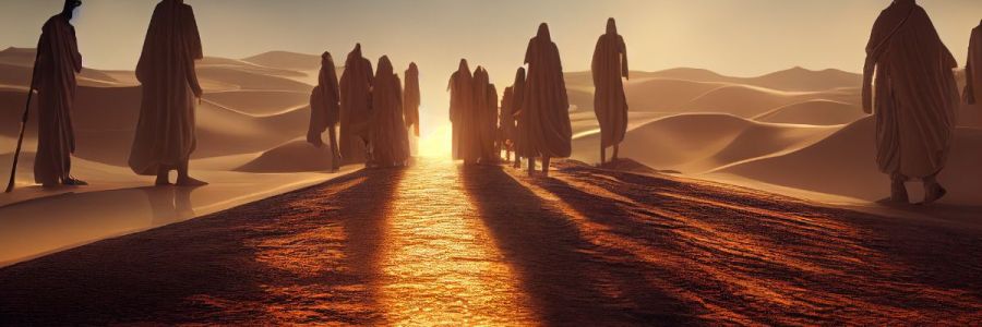Figures in robes walking through the sand dunes towards the setting sun